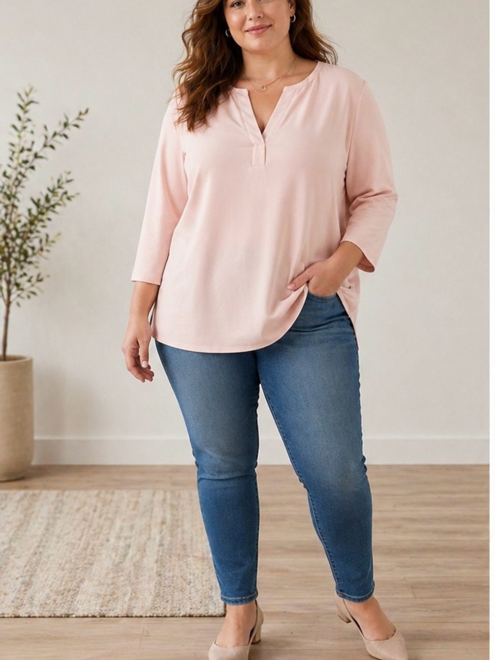 Banana Republic Blush Pink Tunic Top XXL Split Neck Long Sleeve